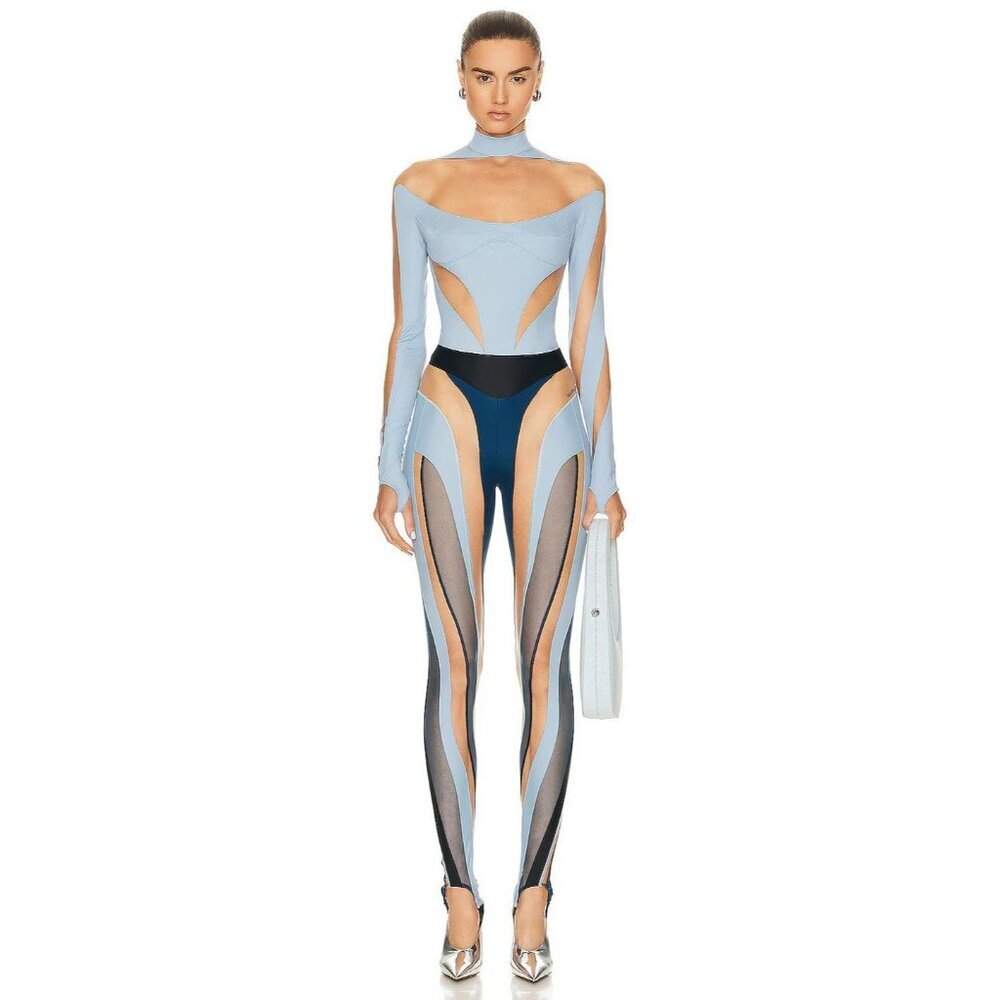 MUGLER Spiral Illusion Leggings in Black & Light Blue 36 New with Defects AS-IS